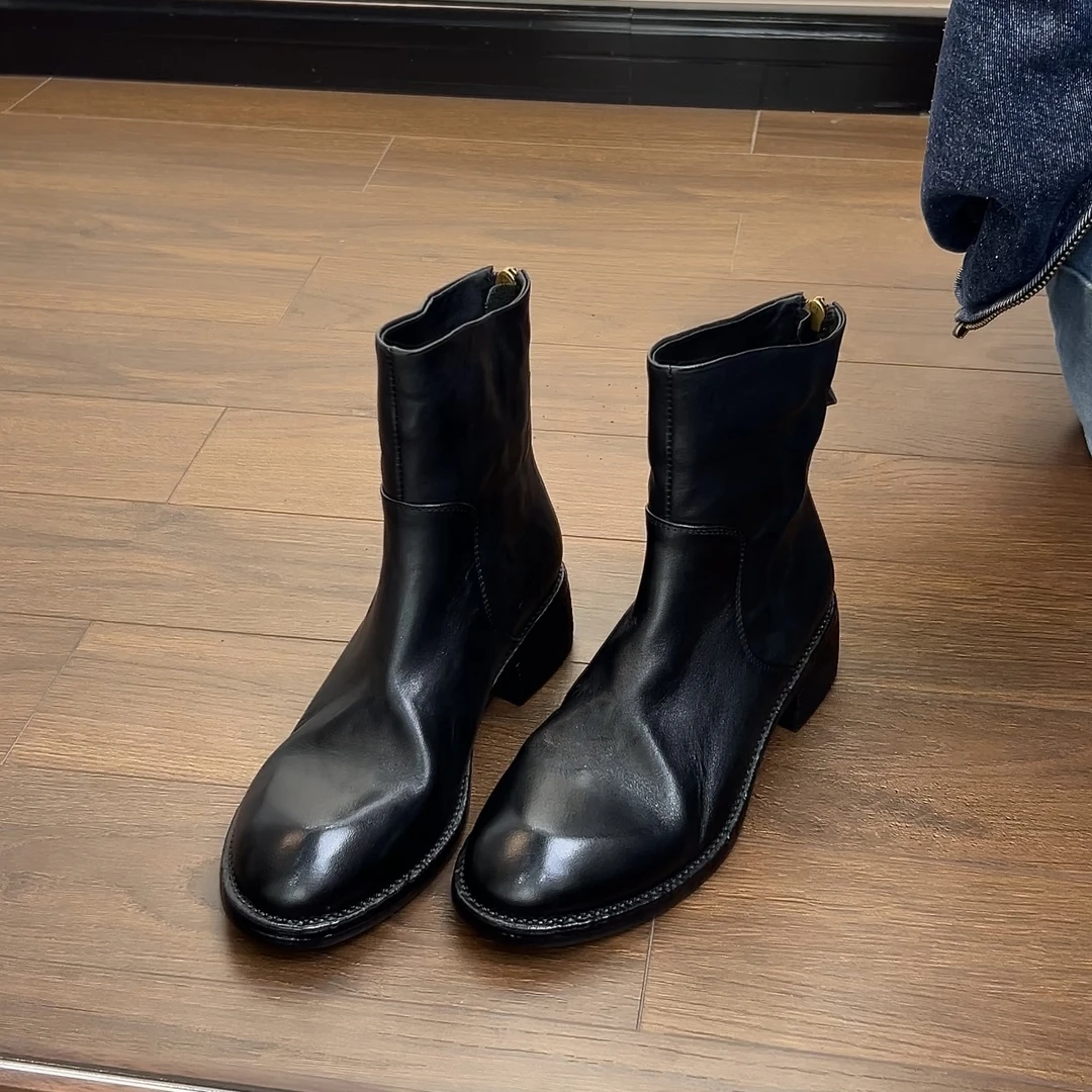 Dannyfrey秋冬新款英伦风手工牛皮百搭显瘦时装靴后拉链短靴女