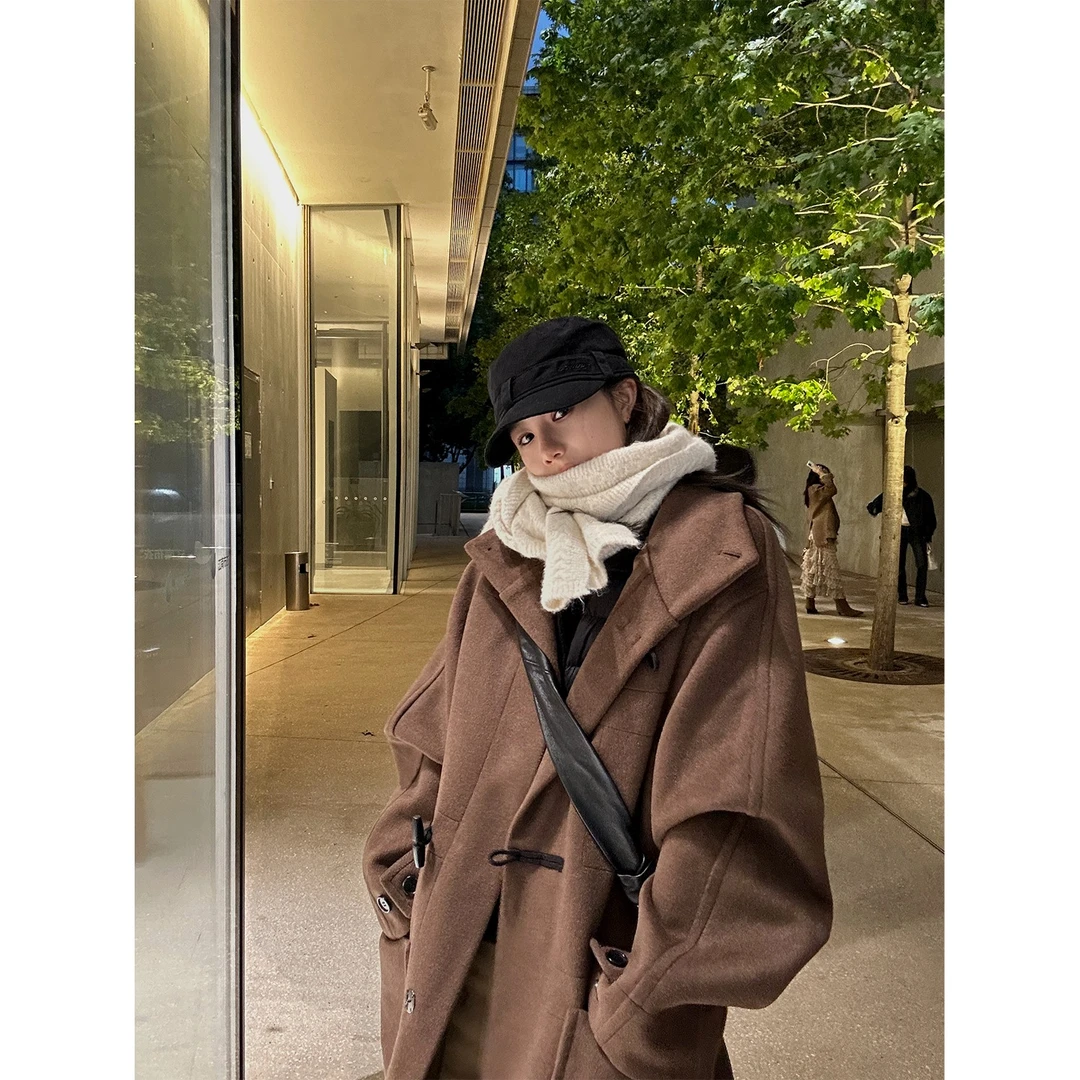 D YANGJUN 深冬独特超好看外套女棕色牛角扣中长款宽松呢子大衣