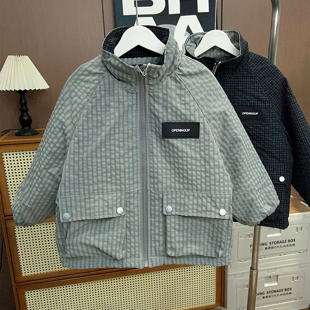 男童儿童冬季新款工装口袋格子拉链棉服中大童立领厚实6258