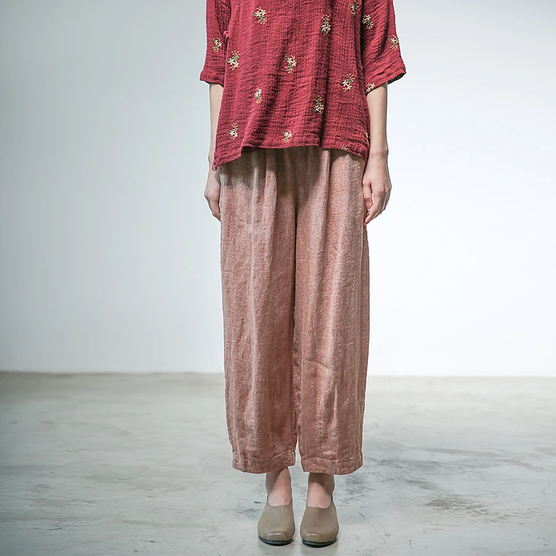 6583春季新款复古松紧腰亚麻百搭文艺休闲直筒小个子女裤