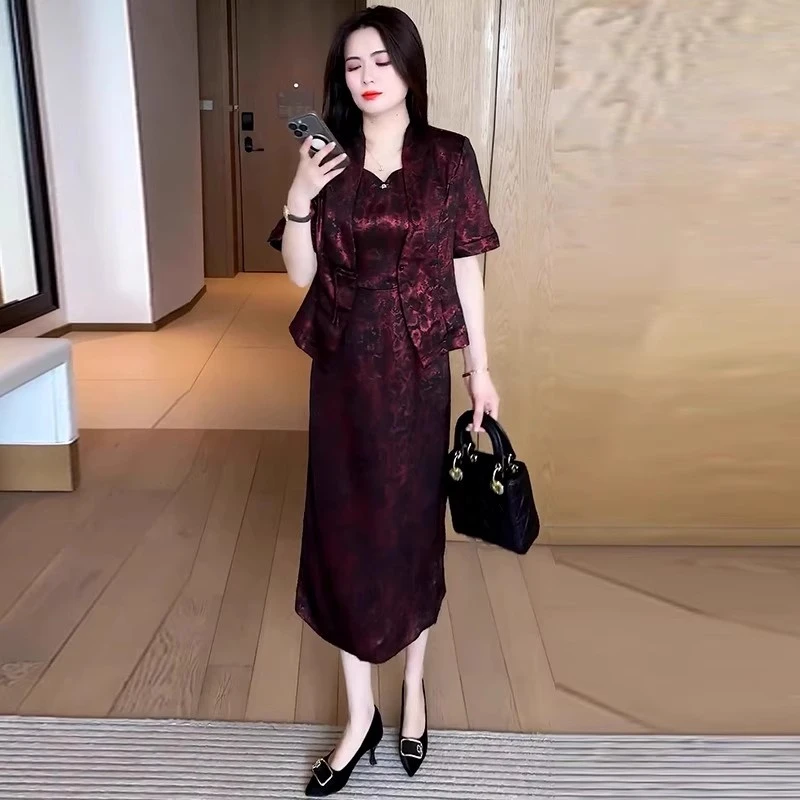 拉夏贝尔高级感时尚套装女2025夏季短袖外套中长款背心裙两件套裙