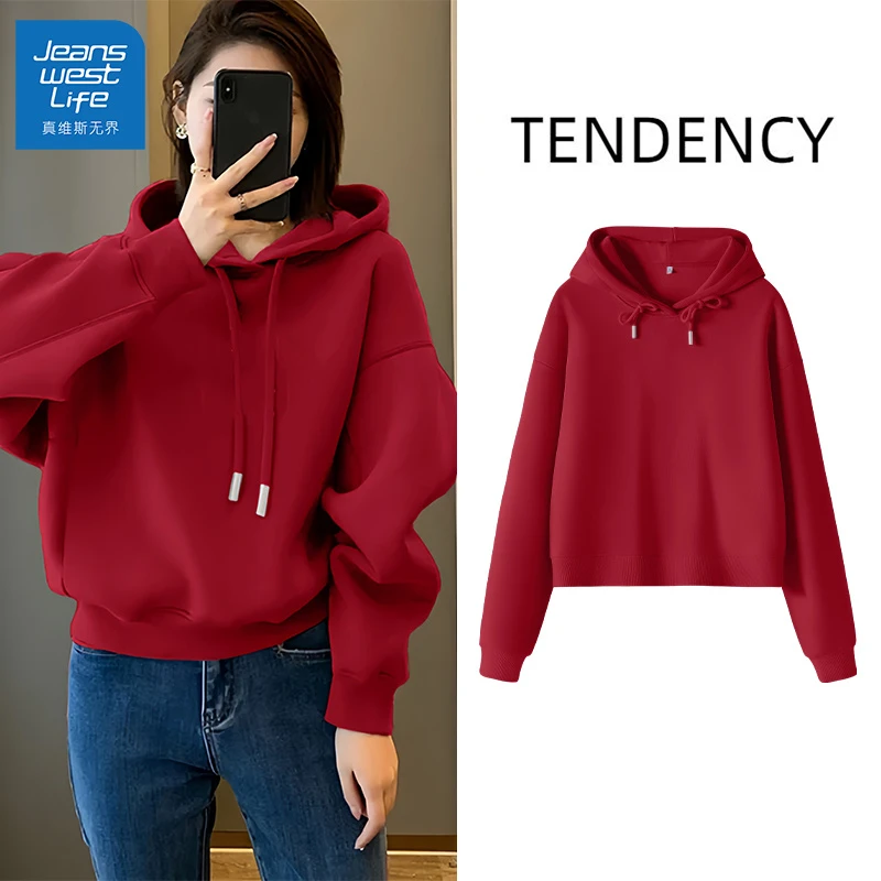 真维斯无界红色卫衣连帽短款2026新款春季跨年本命年马年红色衣服