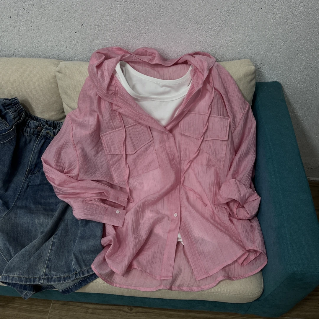 （6802）夏季休闲百搭连帽防晒衣衬衫多巴胺夏季衣服