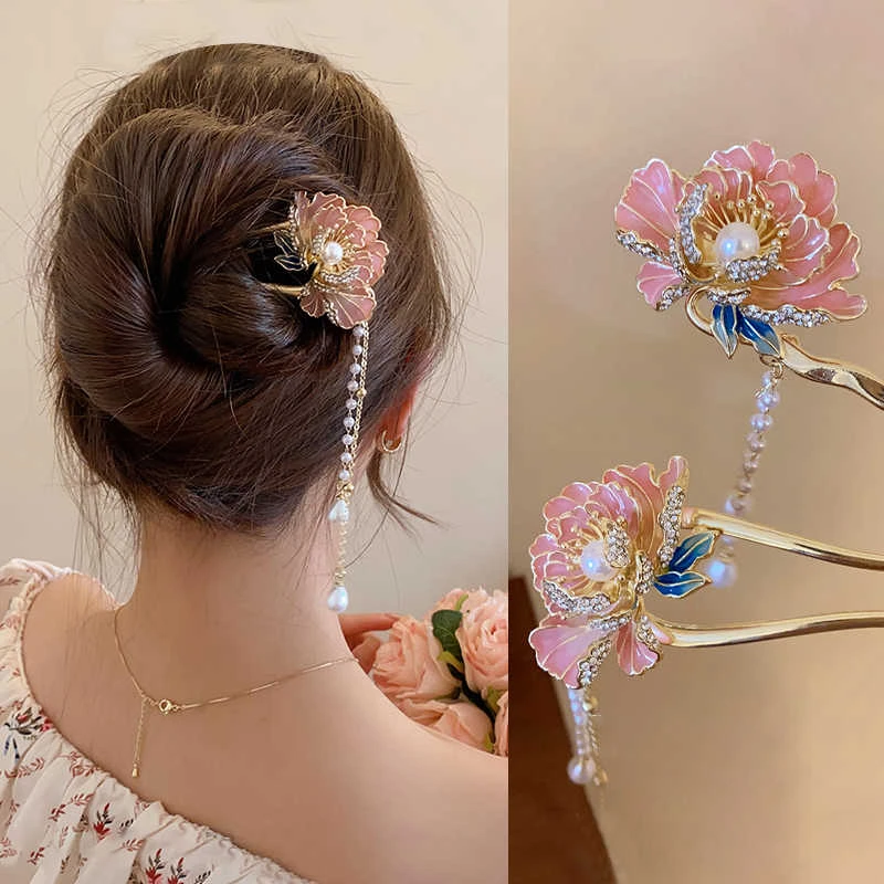 古风花朵发簪女新中式高端盘发发钗2025新款日常通勤u型簪子头饰