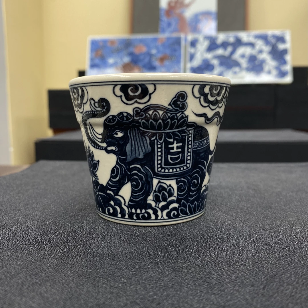 元经秘旨青花二号釉大象纹冰桶杯景德镇手工纯手绘茶具主人杯