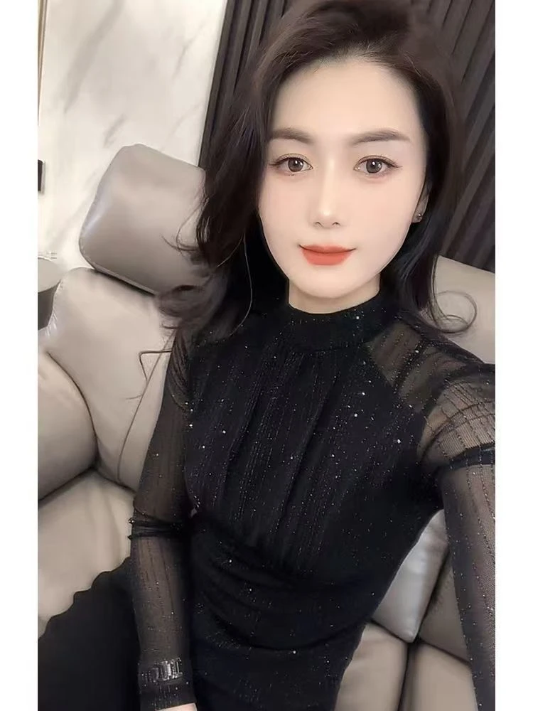 2025春秋新款网纱气质长袖上衣洋气内搭打底小衫女