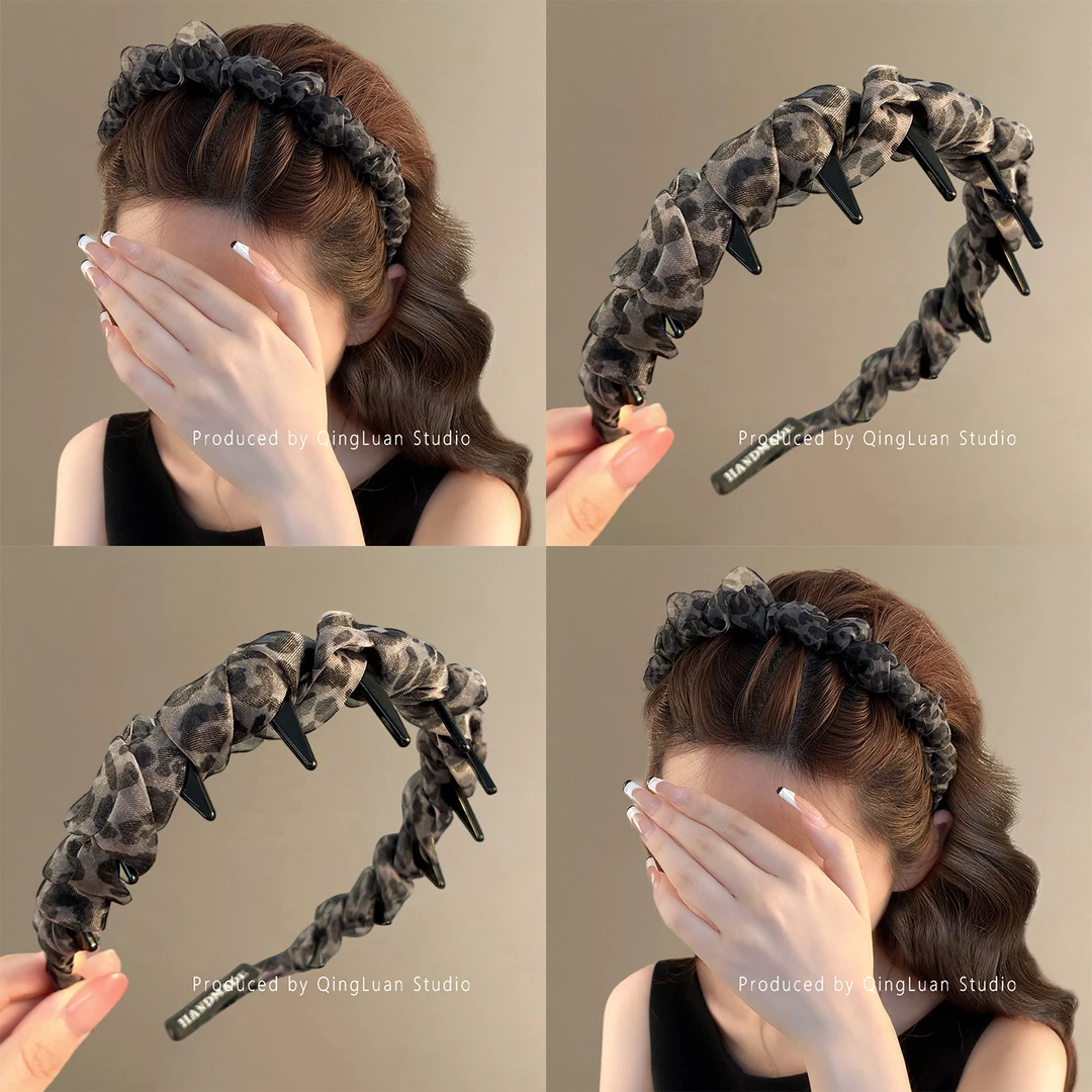 野生氛围~复古豹纹齿梳发箍女2025新款时尚网纱高颅顶头箍盘发器