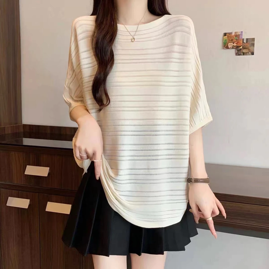 慵懒风宽松镂空上衣2025夏百搭新款冰丝减龄显白显瘦针织短袖152
