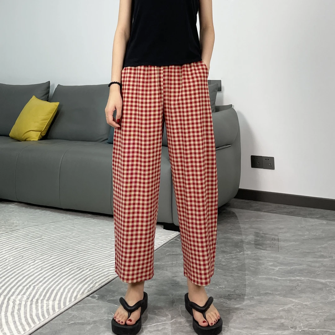 棉绸薄款格子休闲裤大码阔腿裤本山裤防蚊裤气球裤夏季女外穿睡裤