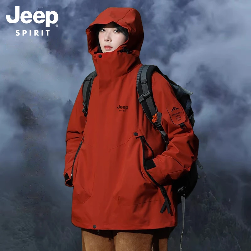 JEEPSPIRIT吉普三合一冲锋衣连帽防水夹克情侣加绒户外冬季运动