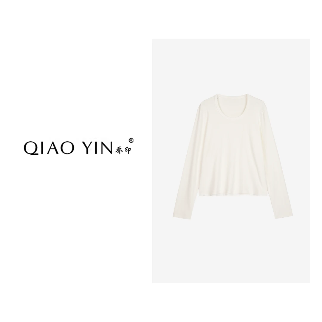 QIAO YIN长袖大圆领休闲弹力磨毛短款打底衫QY26554