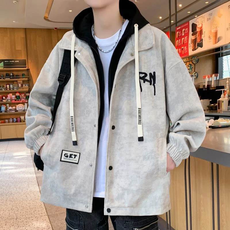 假两件夹克男秋冬新款潮牌扎染连帽外套男青少年潮流休闲褂子男