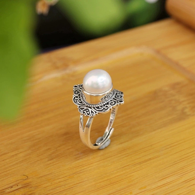 s925通体银镶淡水珍珠戒指女士复古做旧民族风