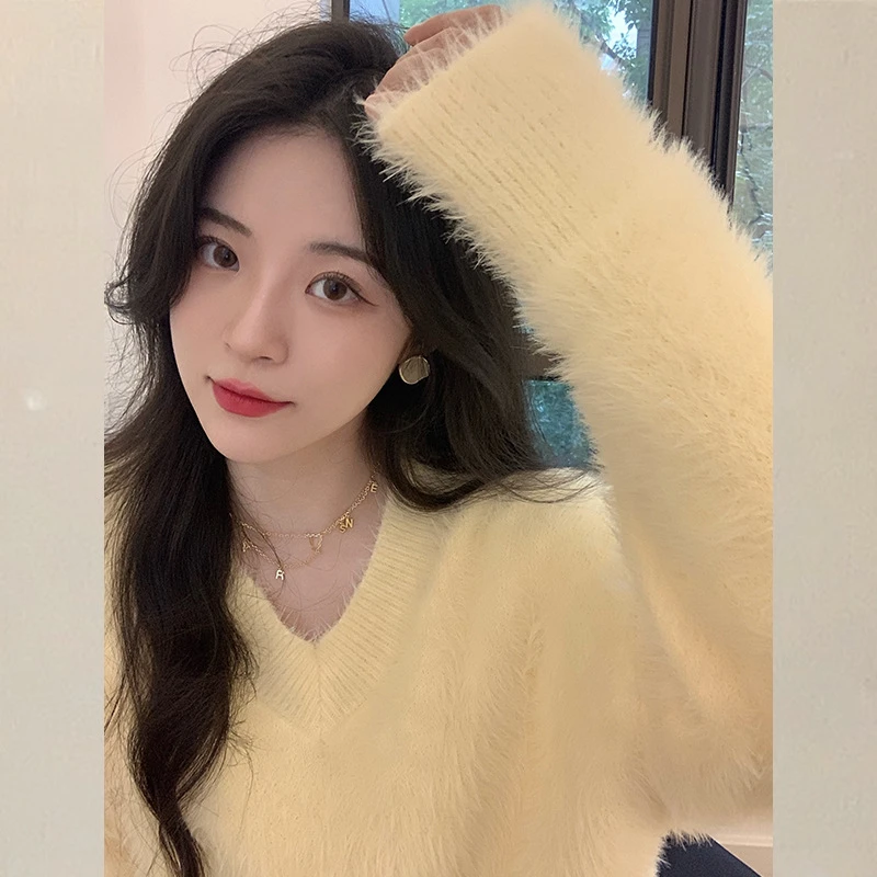 加厚水貂毛慵懒风V领毛衣女秋冬季高级感软糯温柔宽松针织衫上衣