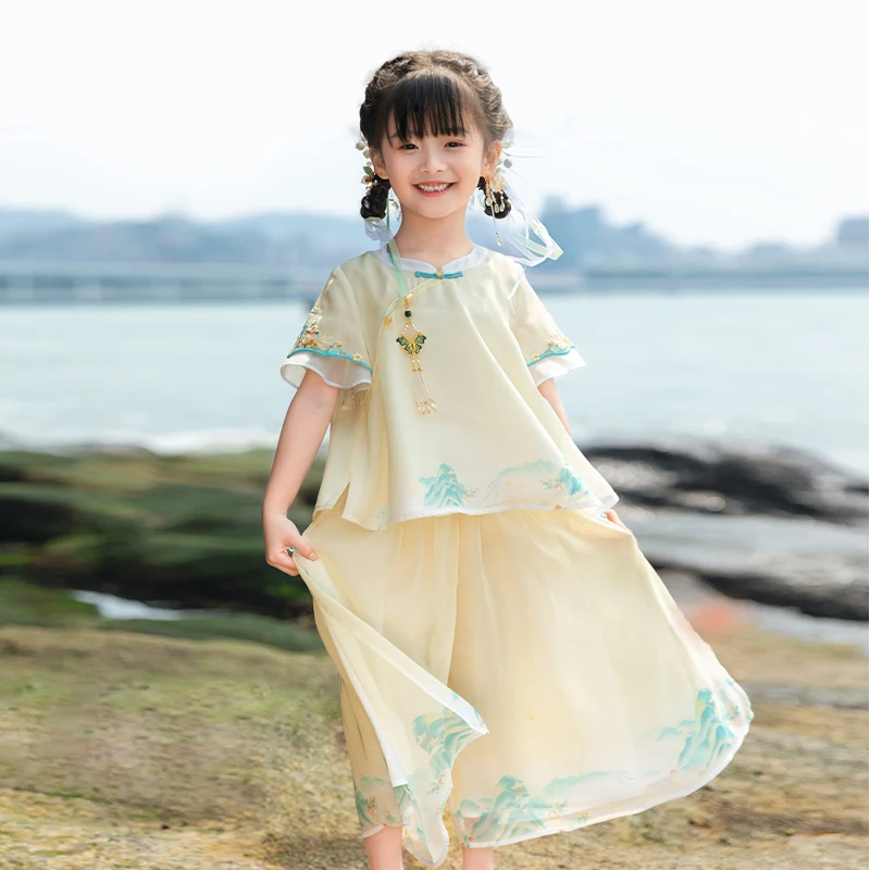 童锣湾女童汉服童装夏季新中式国风短袖小女孩裤子套装儿童仙女服