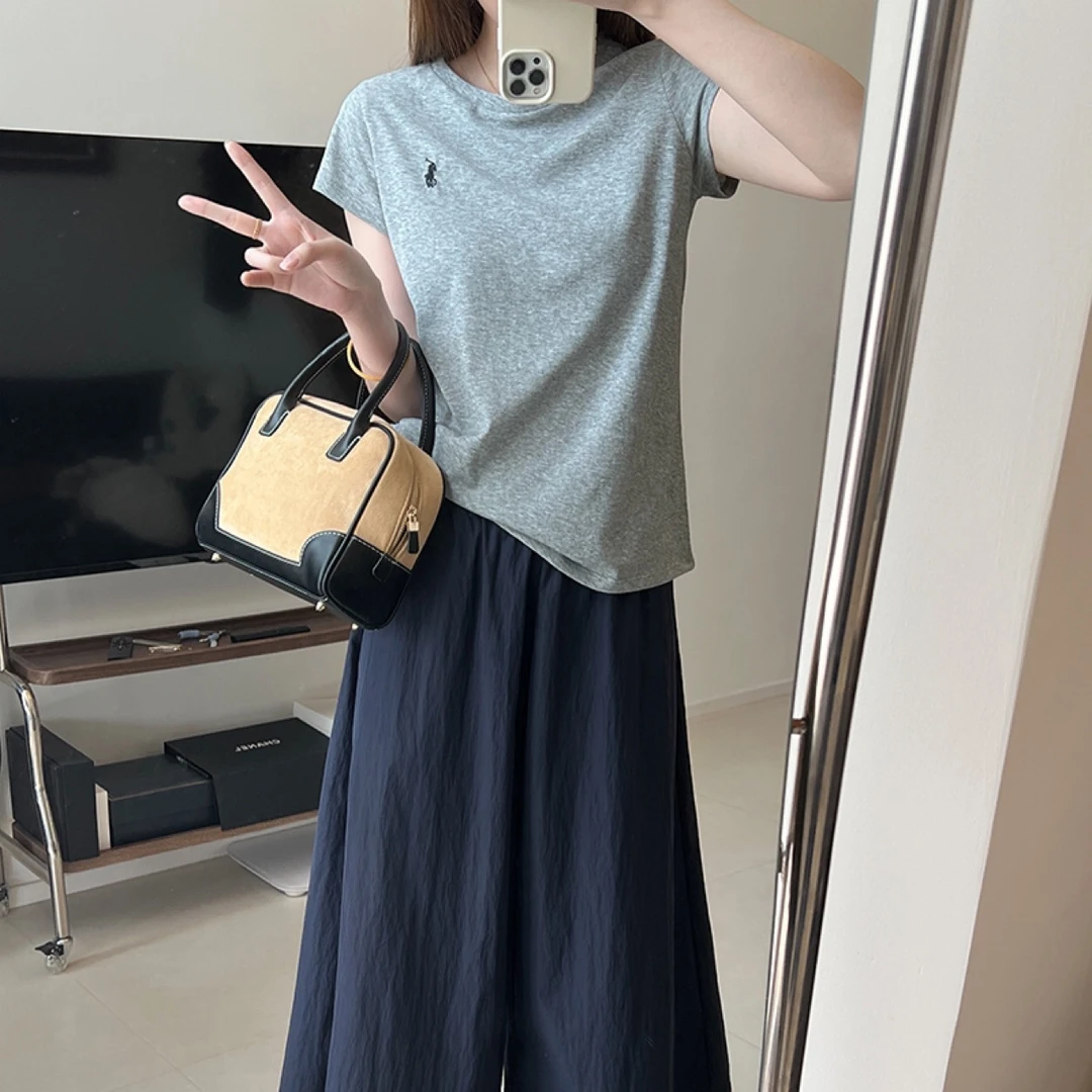 雪花小马薄款夏日刺绣慵懒纯色小众圆领短袖宽松休闲恤女新夏季