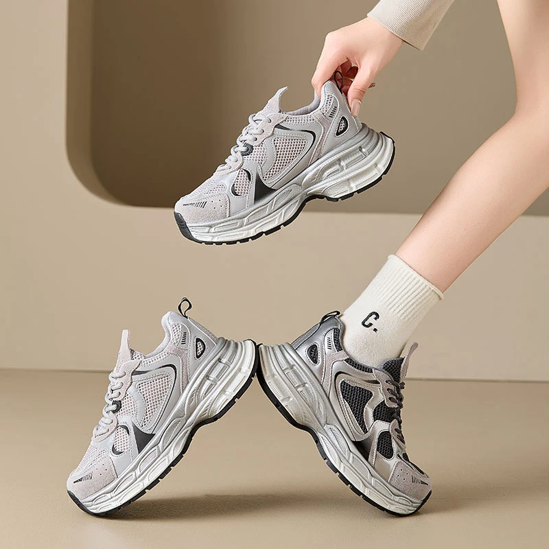 2025春秋季新款网面拼接运动鞋厚底爆款老爹鞋港风休闲女鞋休闲