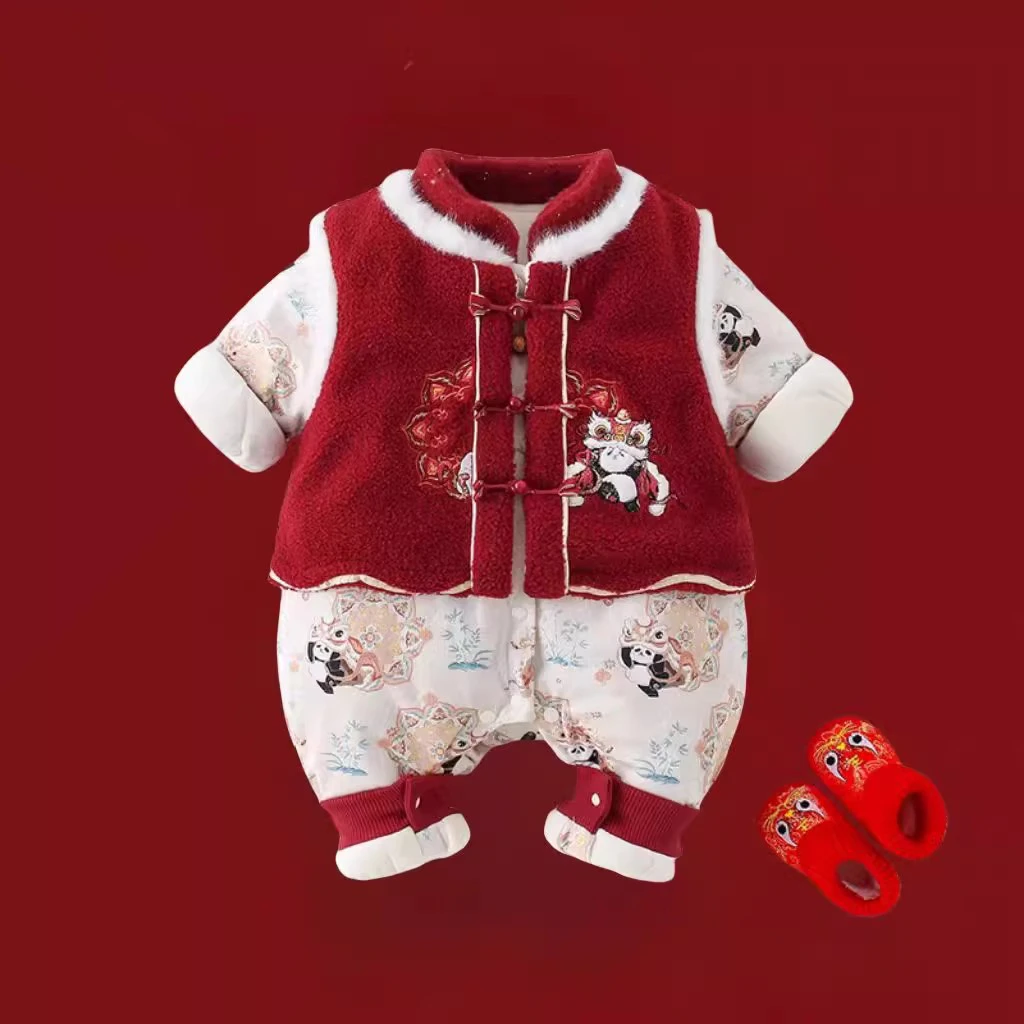 过年拜年服婴儿冬装两件套新生宝宝喜庆连体衣夹棉外套国风周岁服