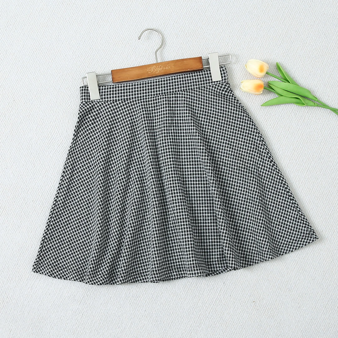 高腰外贸时尚简约格纹显瘦A字半身裙女士春秋气质休闲半裙6D385