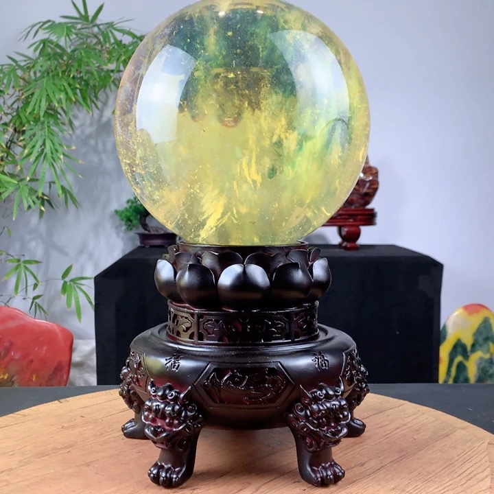 石材黄棉水晶球直径21公分带高档底座