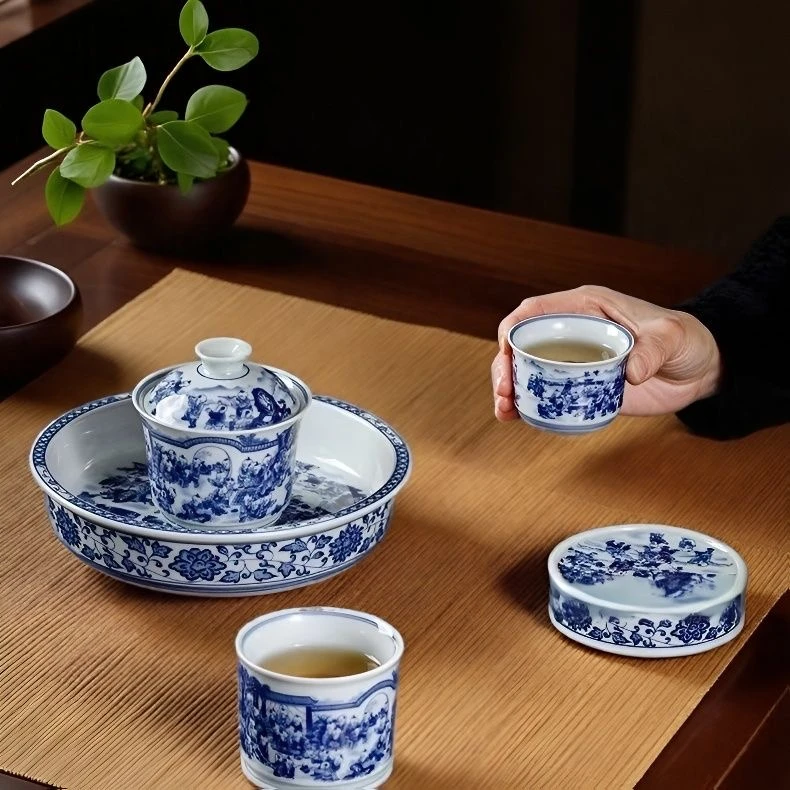 景德镇陶瓷青花山水春山图功夫盖碗套组杯盖茶具套装压手家用高端