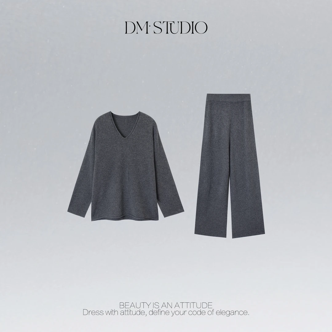 DEDM•STUDIO/100%绵羊毛V领针织衫+拖地裤套装2511ZZS/3801-6389