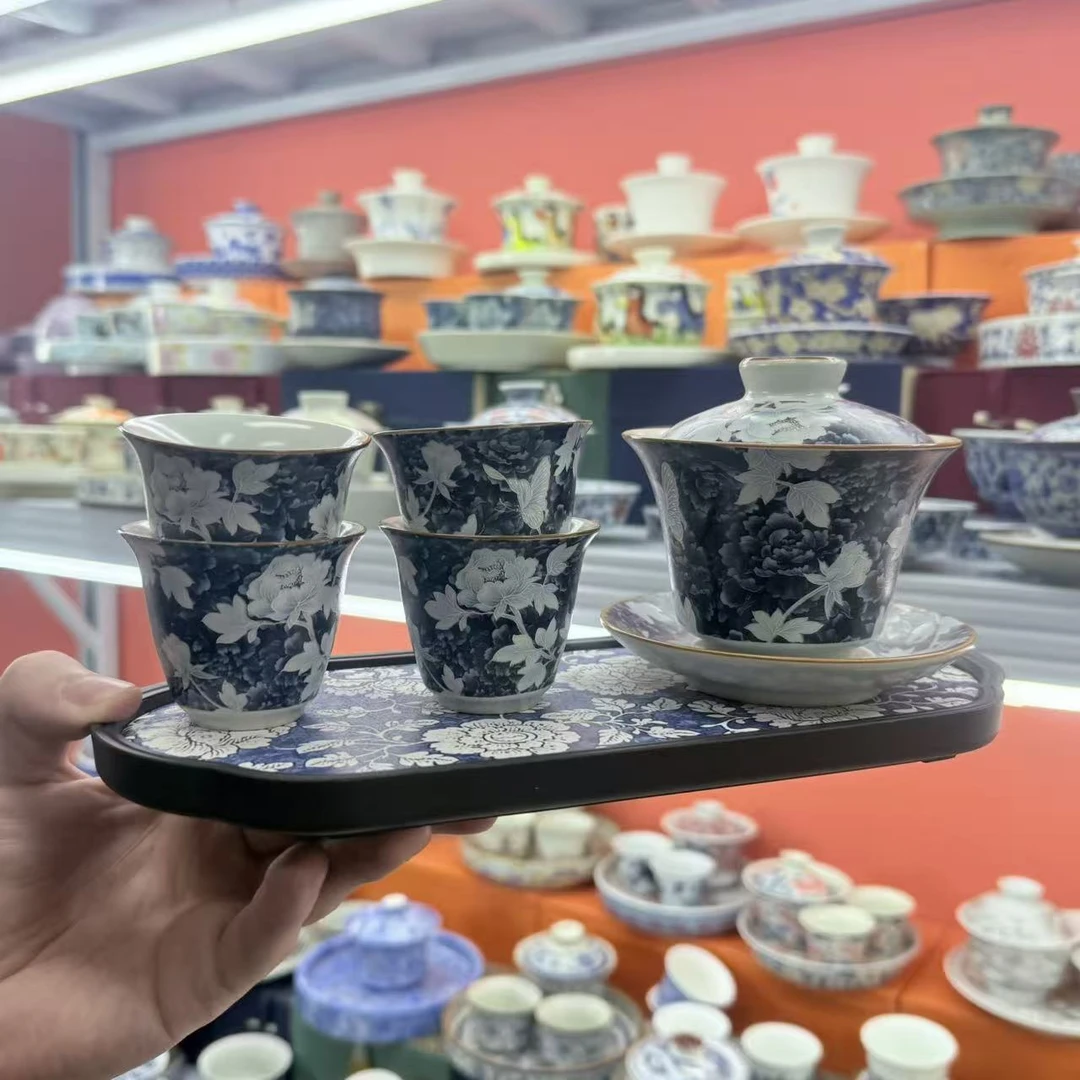 复古青花家用开片陶瓷三才泡茶碗带盖茶功夫茶具0966