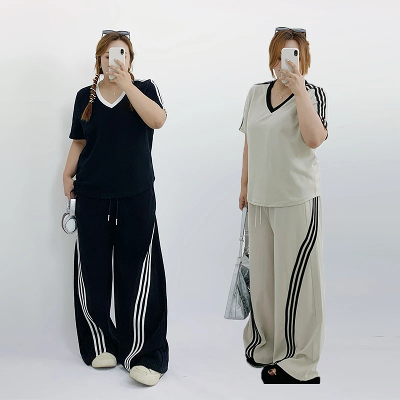 Milu家大码女装夏季美式高街休闲慵懒宽松胖mm正肩t恤阔腿裤套装
