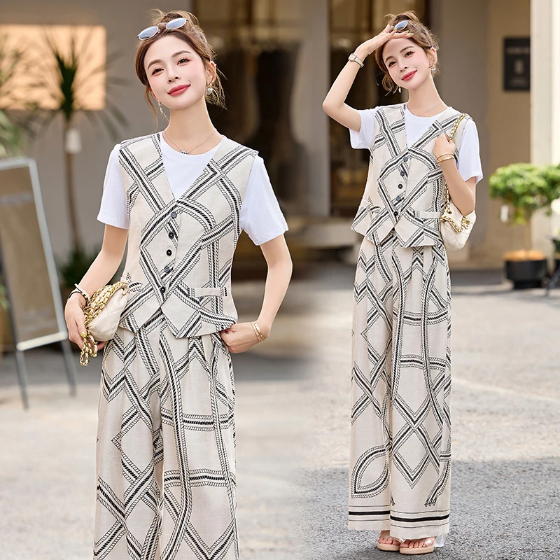 法式圆领衬衫女夏2025小众复古撞色印花麻感长袖上衣休闲裤三件套