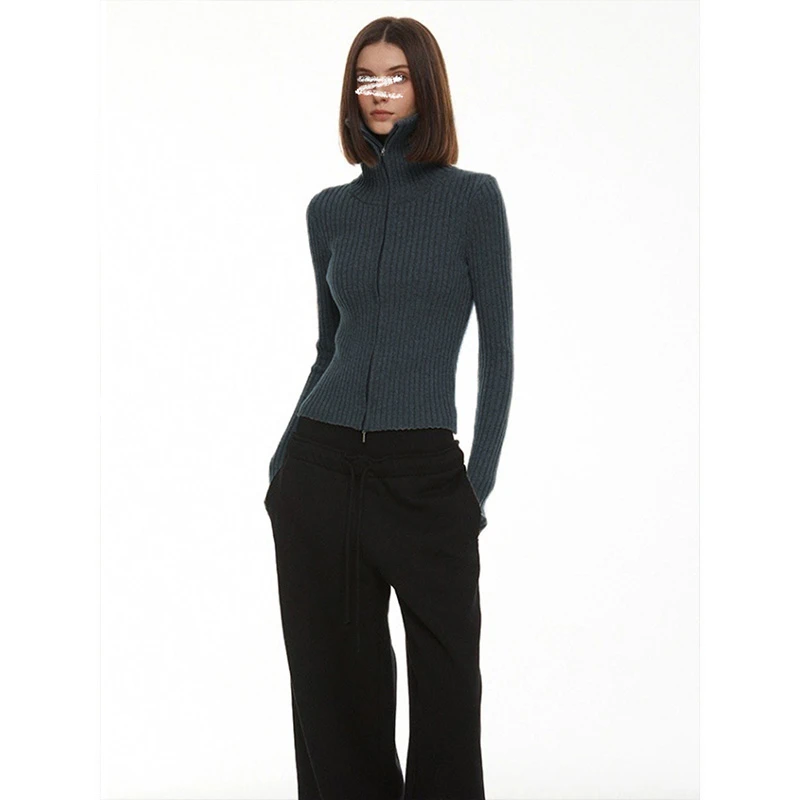 MosesQueen/魔西女王双拉链毛针织开衫秋冬韩系短款修身外套上衣