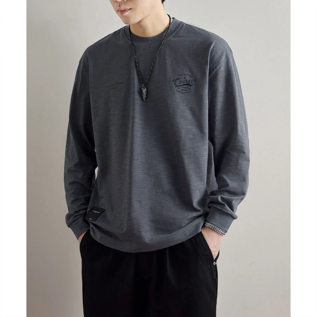 MR.MUDI/穆迪先生高端竹节棉长袖T恤男秋季新款宽松休闲印花体恤