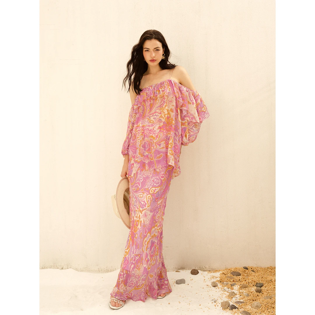 Daily Romance25夏粉色佩里斯抽褶吊带上衣/半身裙