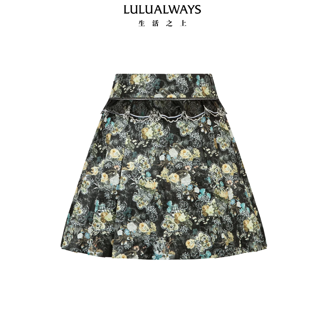 LULUALWAYS【商场同款】25夏季新款华丽蕾丝镶边提花百褶半身裙女
