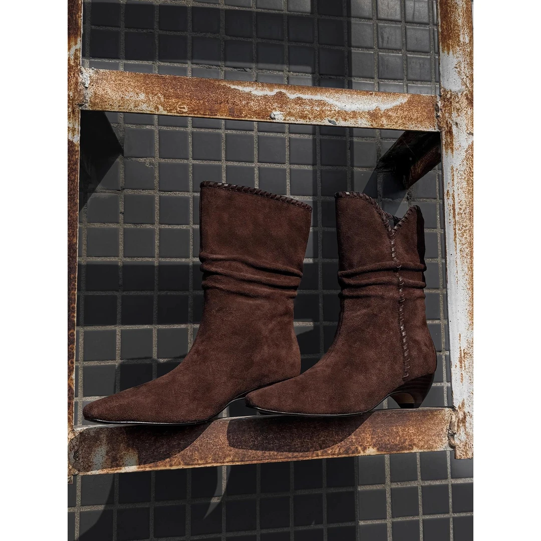 哇塞！太爱瞭~覆古粗跟西部牛仔靴气质坡跟中筒靴方头套筒骑士靴