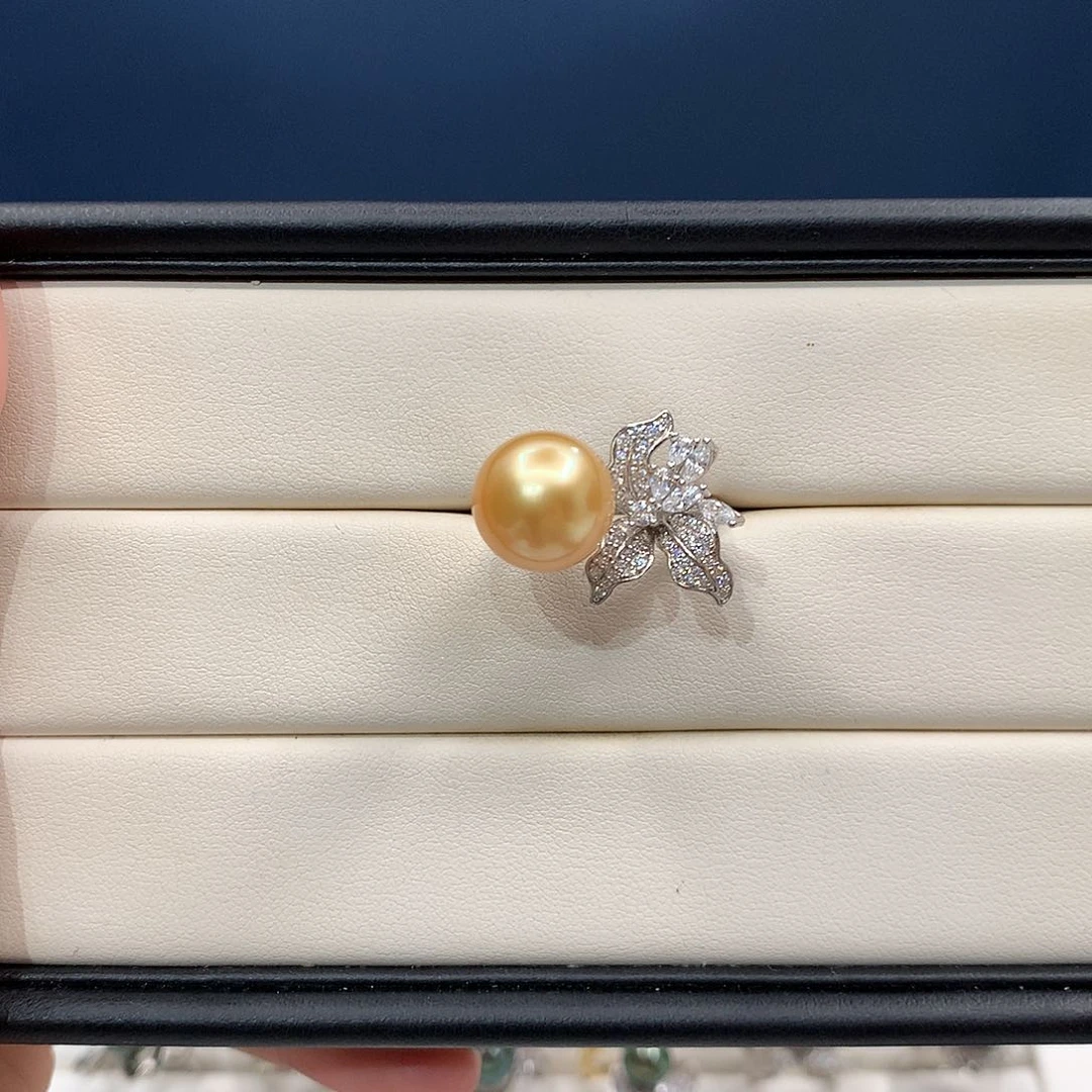 银S925镶嵌戒圈海水珍珠12mm南洋金珠鸢尾花戒指