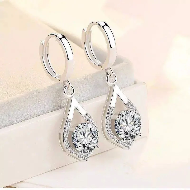 足银合成锆石耳饰 足银高端990银时来运转白锆水滴耳扣耳环0460