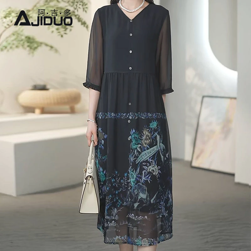 A32262阿吉多七分袖黑色连衣裙新款女士宽松长裙早秋大码印花裙子