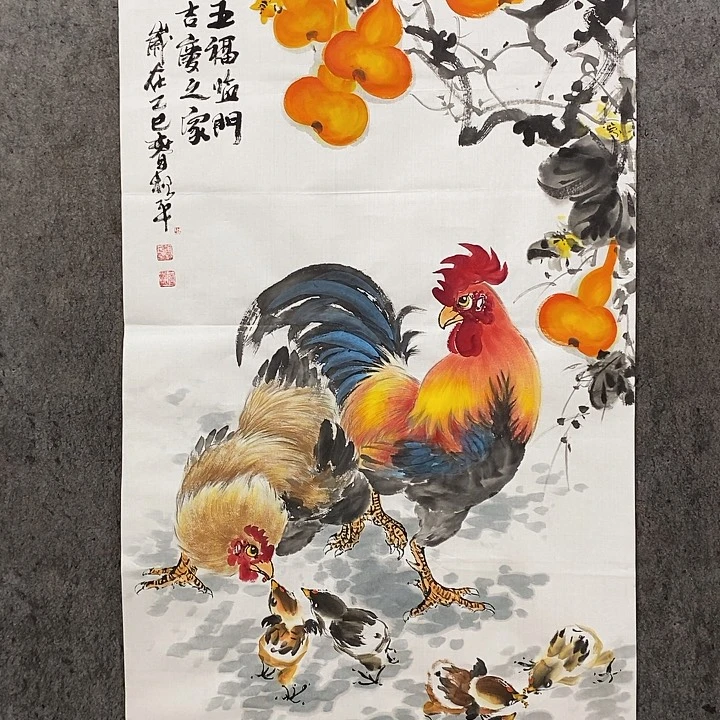 国画歪**道手绘国画五鸡图