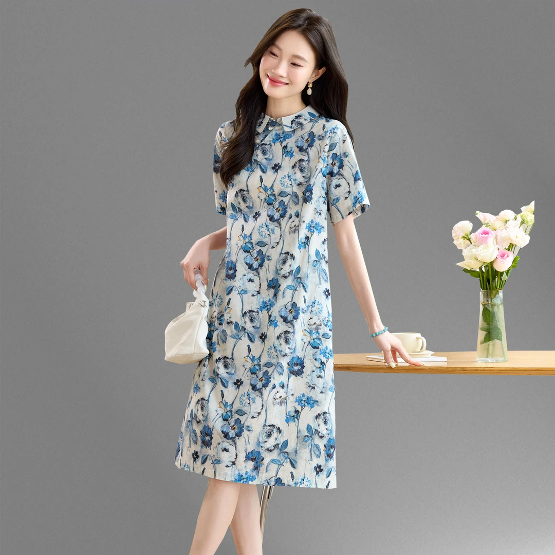 中国风碎花纯棉连衣裙女2025夏新中长大码宽松遮肚显瘦新中式裙子