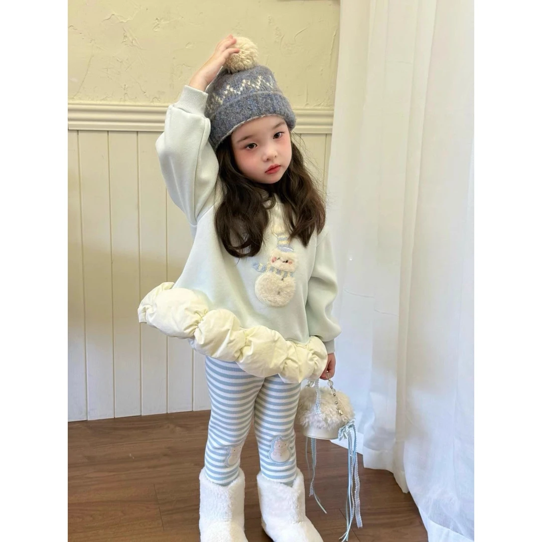 女童加绒加厚套装小雪人卫衣搭配条纹加厚裤子秋冬新款泡泡卫衣潮