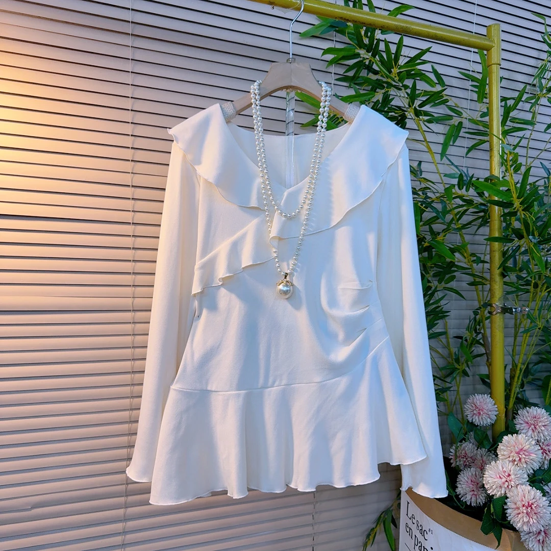 5277欧货大码时尚名媛风V领荷叶边不等式掐褶显瘦设计感百搭衫