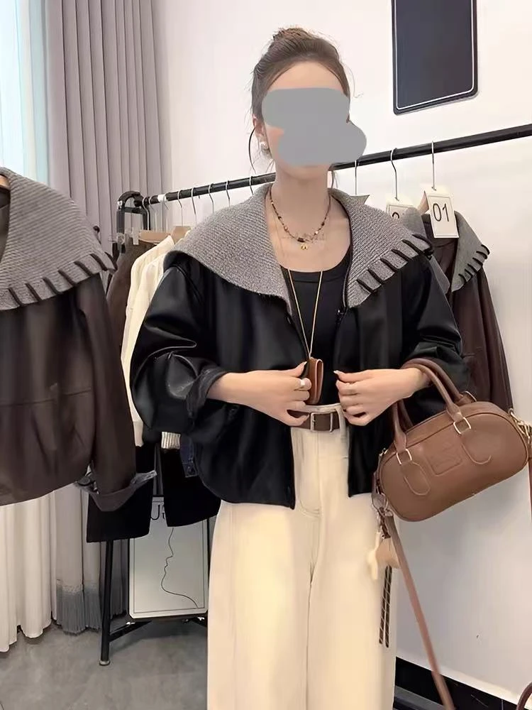 早秋新款设计感海军领pu皮衣夹克女休闲显瘦短款外套