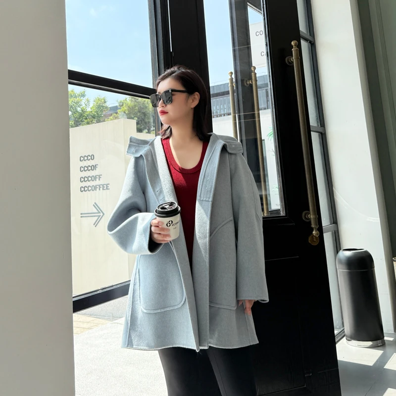 别格秀羊毛呢外套宽松连帽秋冬新款遮肚子大码双面呢休闲微胖女装