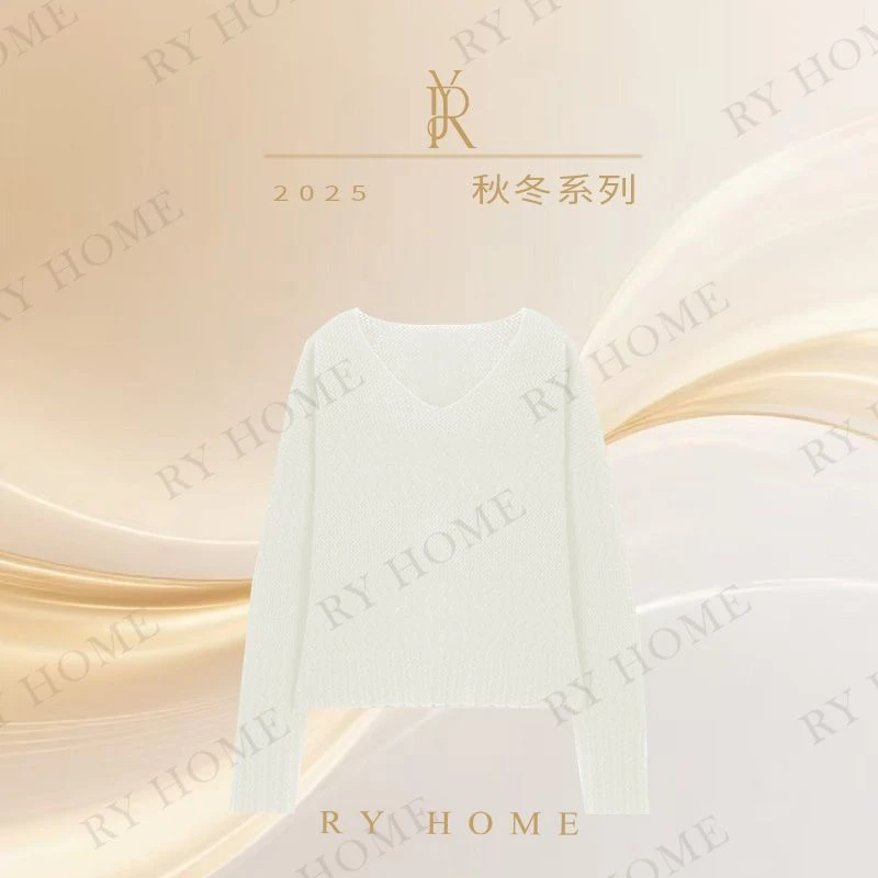 【容雨RYHOME】100%绵羊毛镂空花纹V领毛织衫253M3174