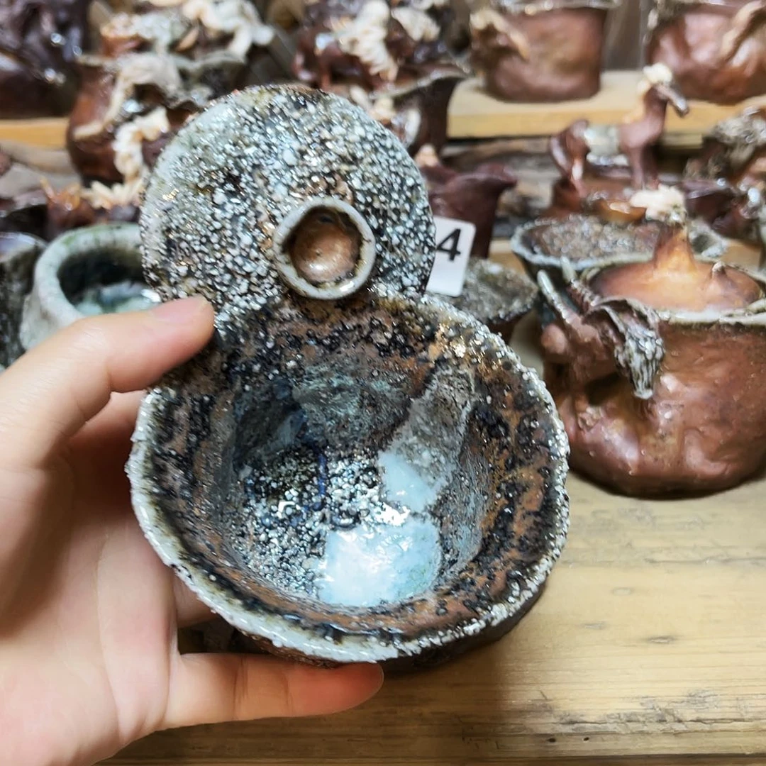 杯柴烧石头手捏盖碗特价