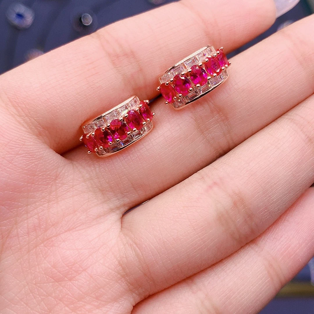 红宝石耳饰银S925镶嵌