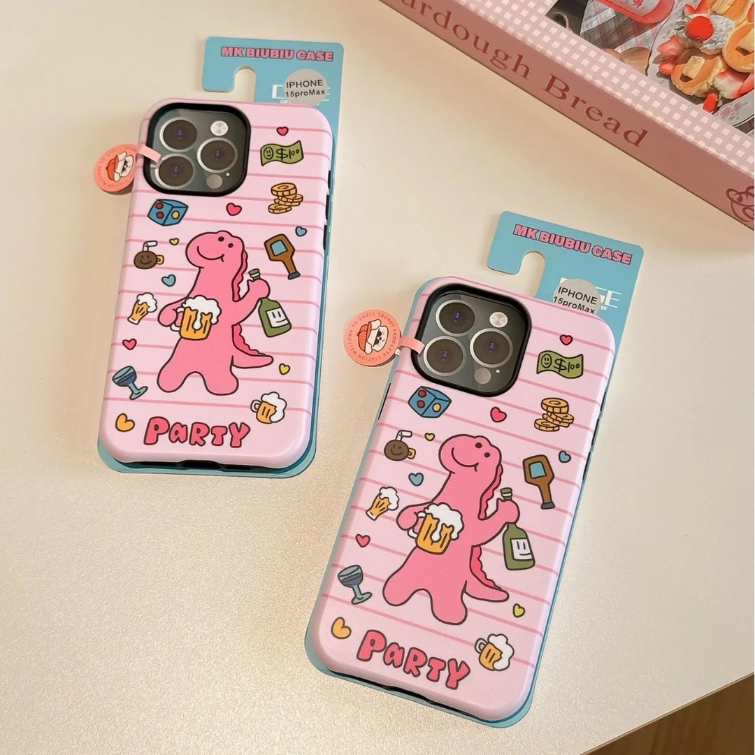 潮牌氧气狗新款磨砂双层菲林粉色恐龙适用iP16promax手机壳15