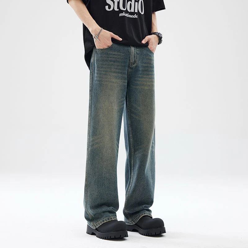 潮流夏季美式复古牛仔裤男新款个性设计感休闲裤痞帅宽松直筒裤