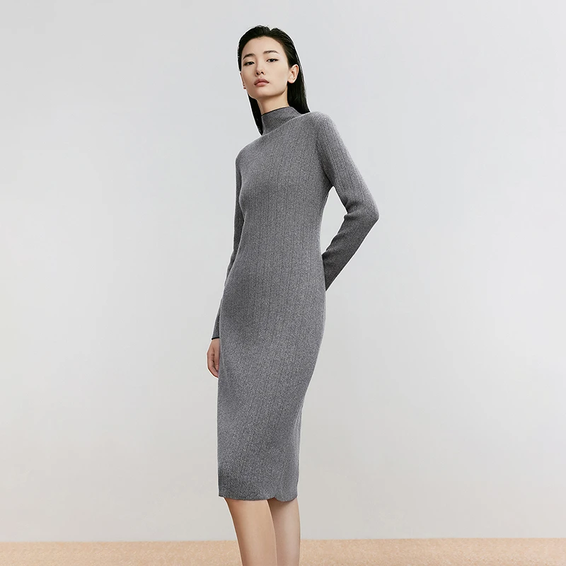 LANCY/朗姿24冬季新款高领细闪羊毛收腰修身高级感针织连衣裙女
