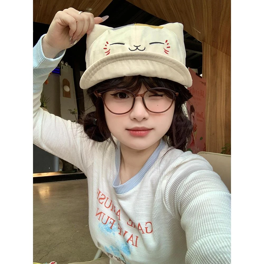 可爱小猫咪棒球帽女2025年春新款夏目友人帐百搭遮阳翻檐鸭舌帽子